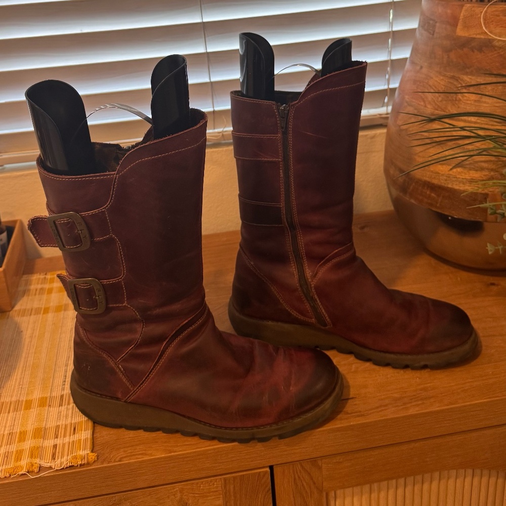 FLY London Auburn Leather Mid-Calf Riding Boots Buckle Straps Wedge Zip